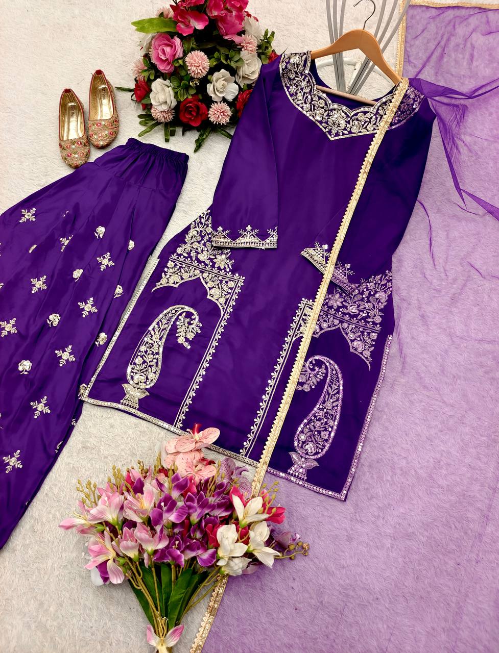 Marvelous Purple Color Pure Natural Crepe with Heavy Embroidery With Sequence Work Palazzo Salwar Suit