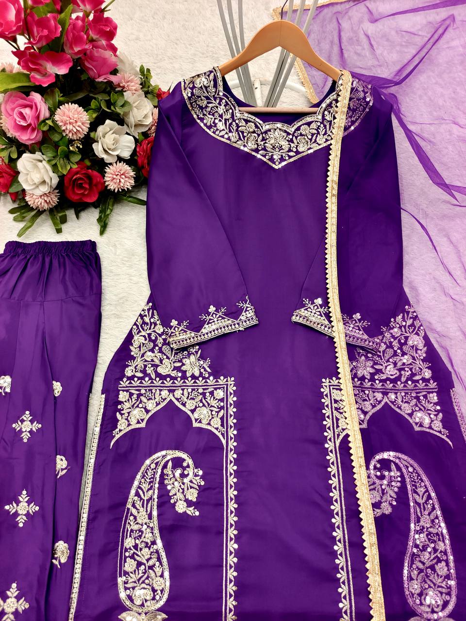 Marvelous Purple Color Pure Natural Crepe with Heavy Embroidery With Sequence Work Palazzo Salwar Suit