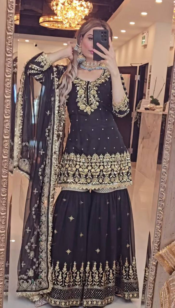 Heavy Embroidered Black Color Sharara Palazzo Suit with Dupatta