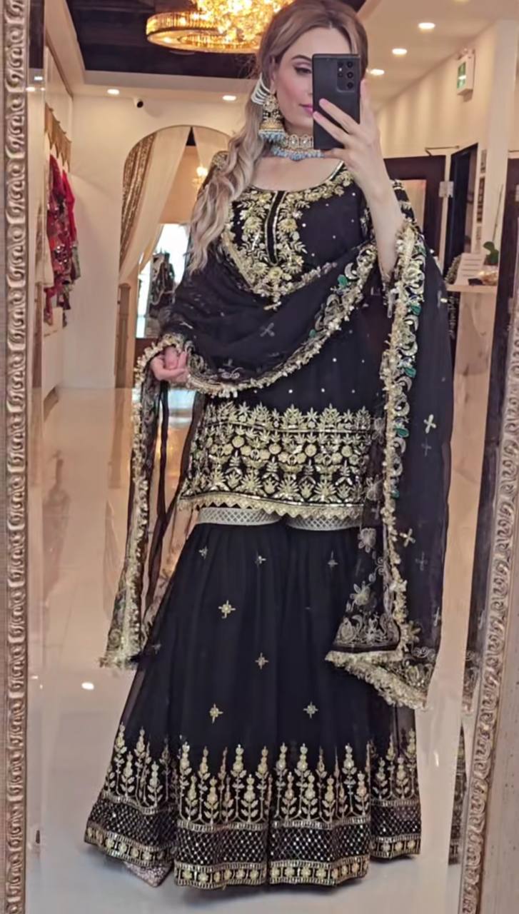 Heavy Embroidered Black Color Sharara Palazzo Suit with Dupatta