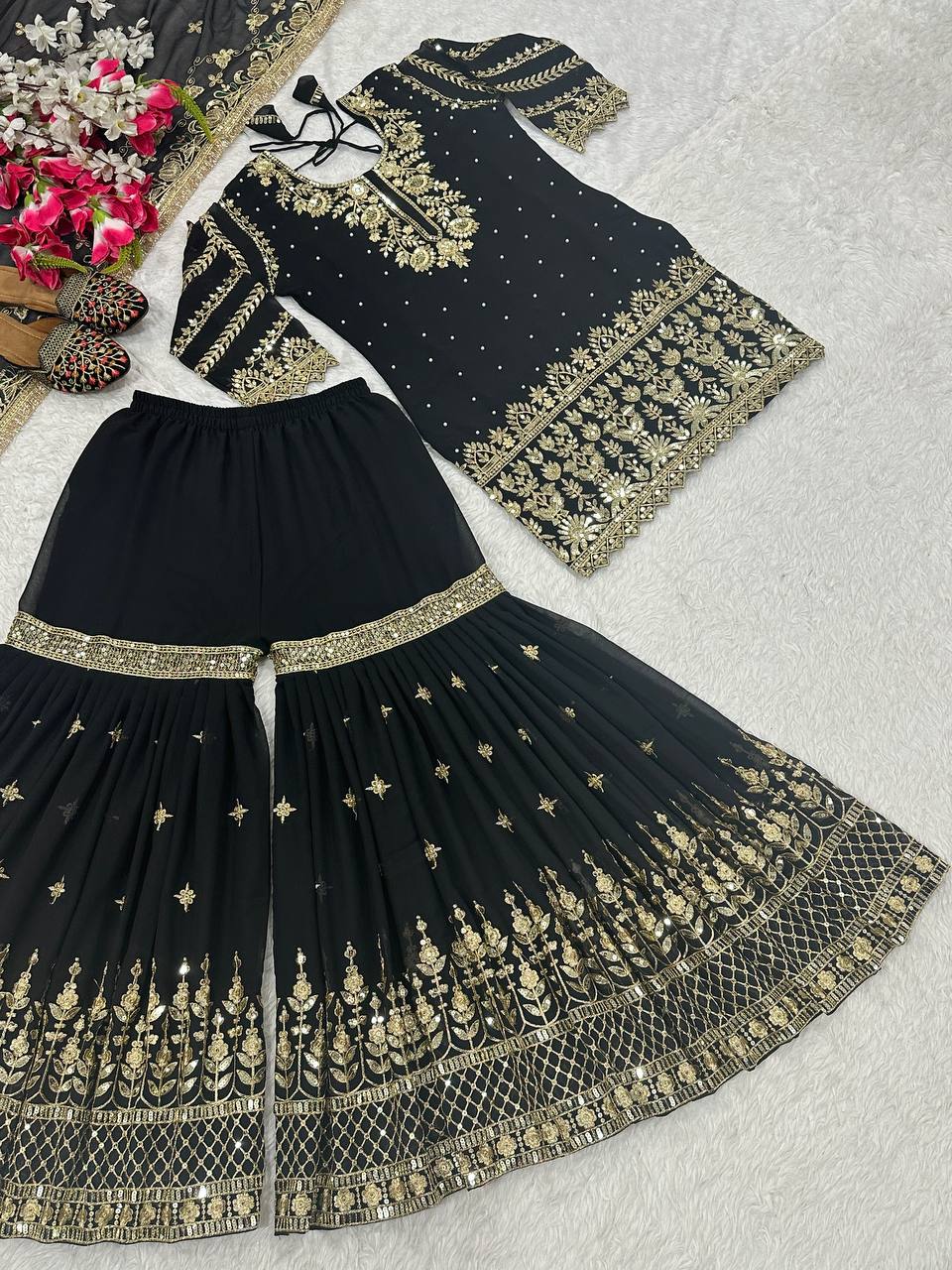 Heavy Embroidered Black Color Sharara Palazzo Suit with Dupatta