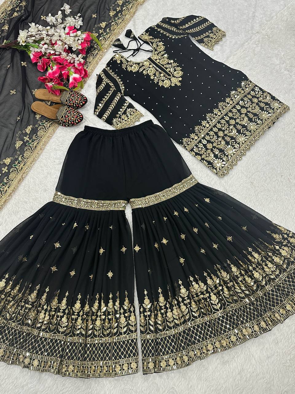 Heavy Embroidered Black Color Sharara Palazzo Suit with Dupatta