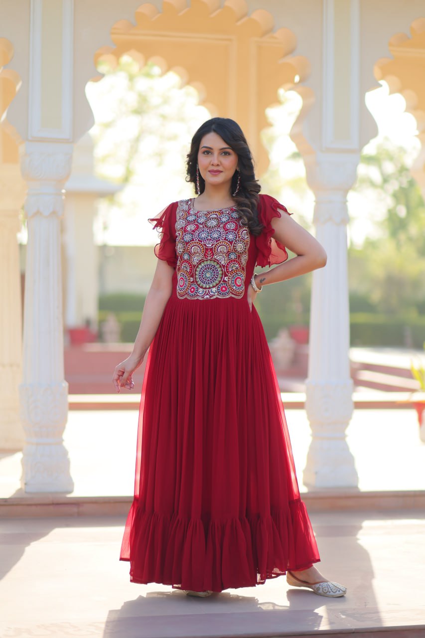Red Faux Blooming Designer Gown – Beads & Sequins Embroidery Work With 7 Mtr Flair Ready to Wear