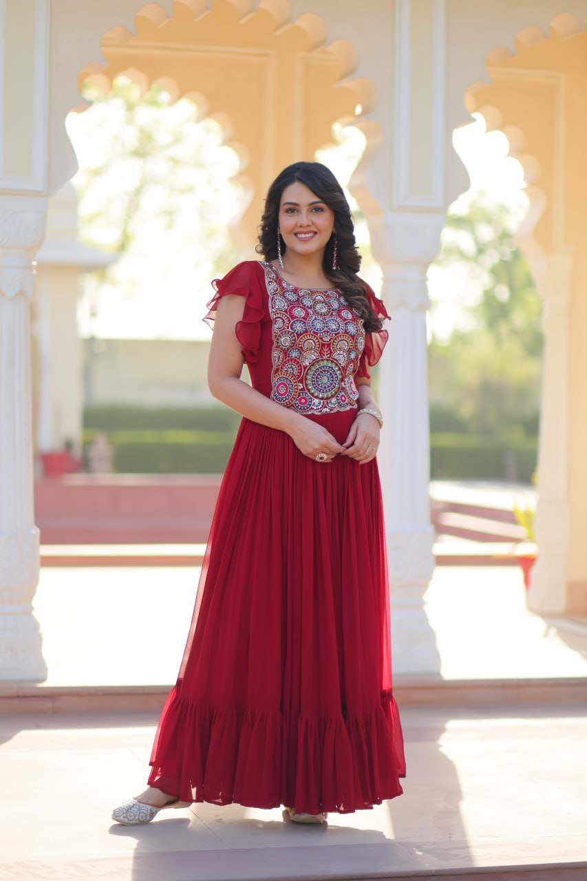 Red Faux Blooming Designer Gown – Beads & Sequins Embroidery Work With 7 Mtr Flair Ready to Wear