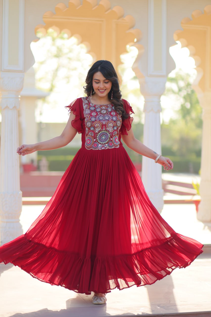 Red Faux Blooming Designer Gown – Beads & Sequins Embroidery Work With 7 Mtr Flair Ready to Wear