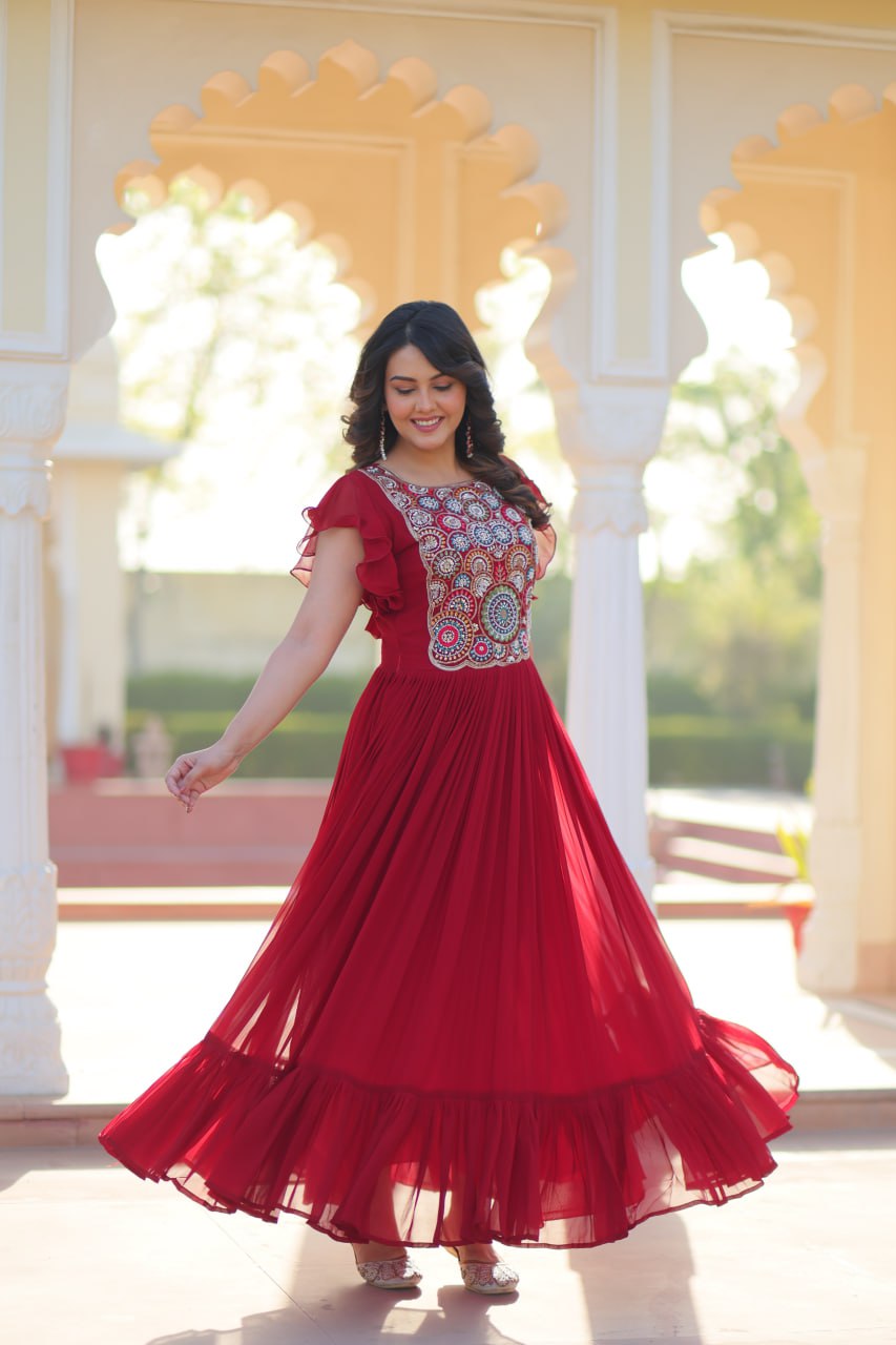 Red Faux Blooming Designer Gown – Beads & Sequins Embroidery Work With 7 Mtr Flair Ready to Wear