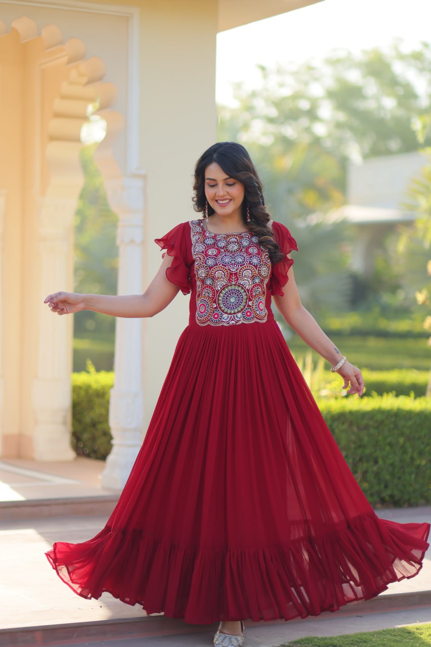 Red Faux Blooming Designer Gown – Beads & Sequins Embroidery Work With 7 Mtr Flair Ready to Wear