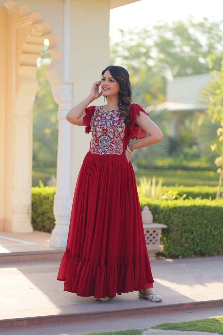 Red Faux Blooming Designer Gown – Beads & Sequins Embroidery Work With 7 Mtr Flair Ready to Wear