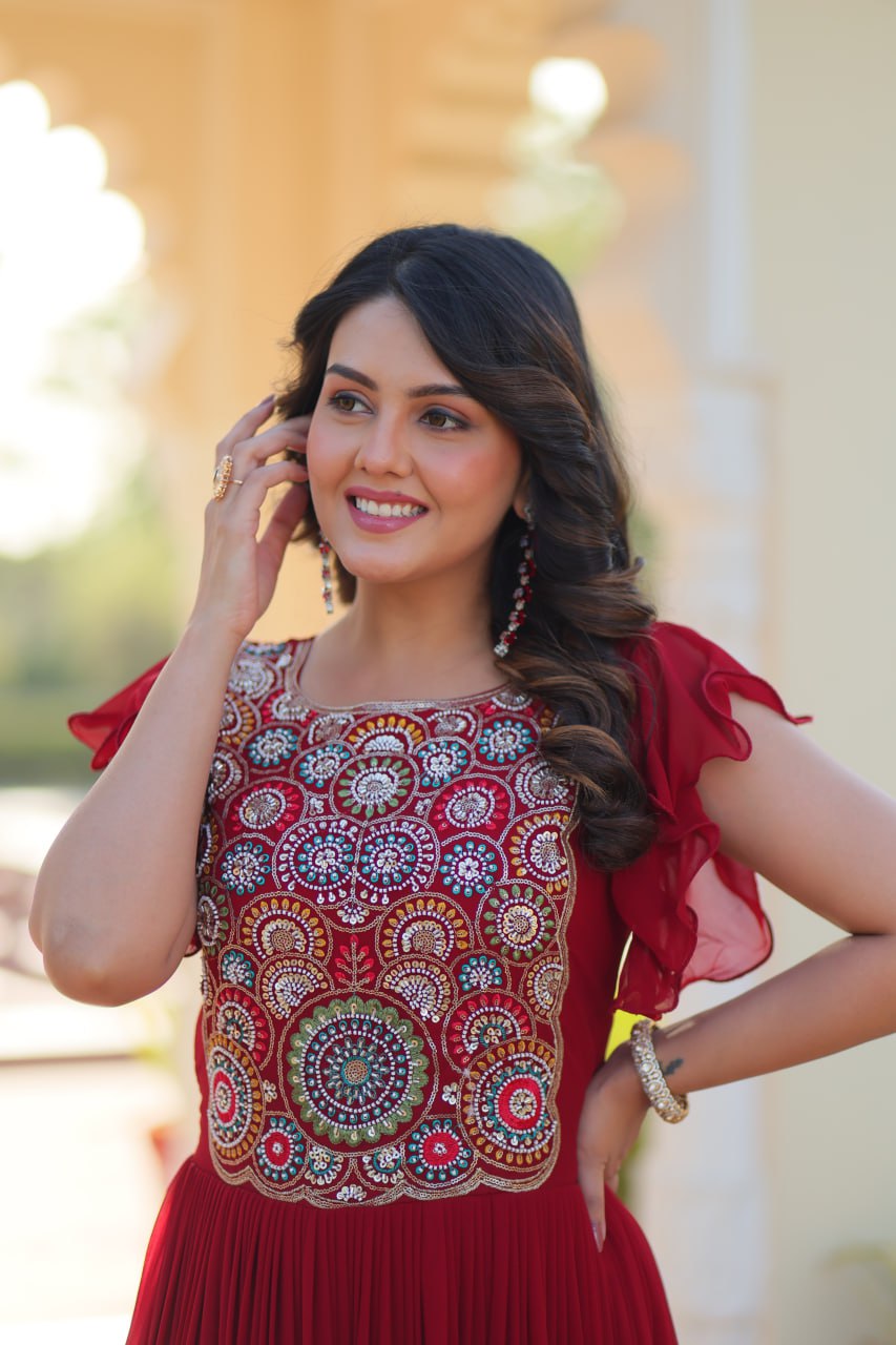 Red Faux Blooming Designer Gown – Beads & Sequins Embroidery Work With 7 Mtr Flair Ready to Wear