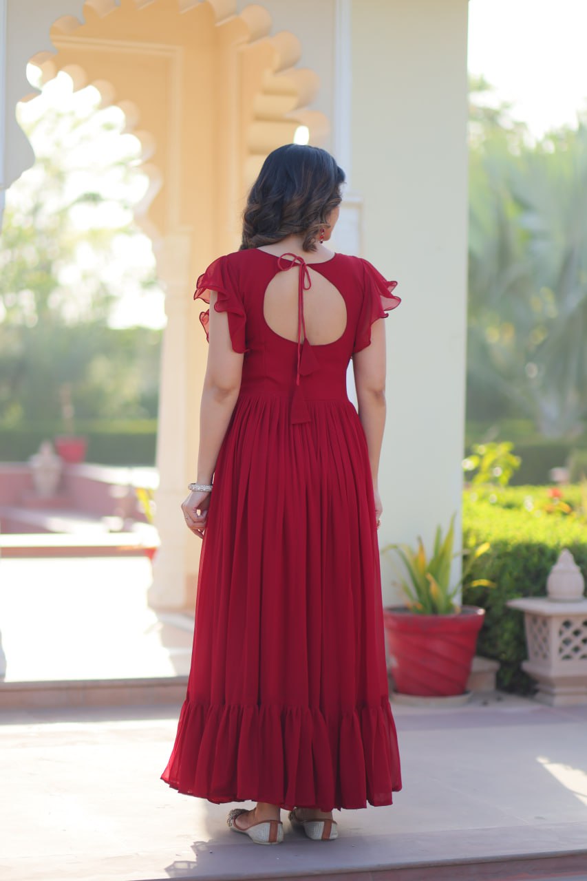 Red Faux Blooming Designer Gown – Beads & Sequins Embroidery Work With 7 Mtr Flair Ready to Wear