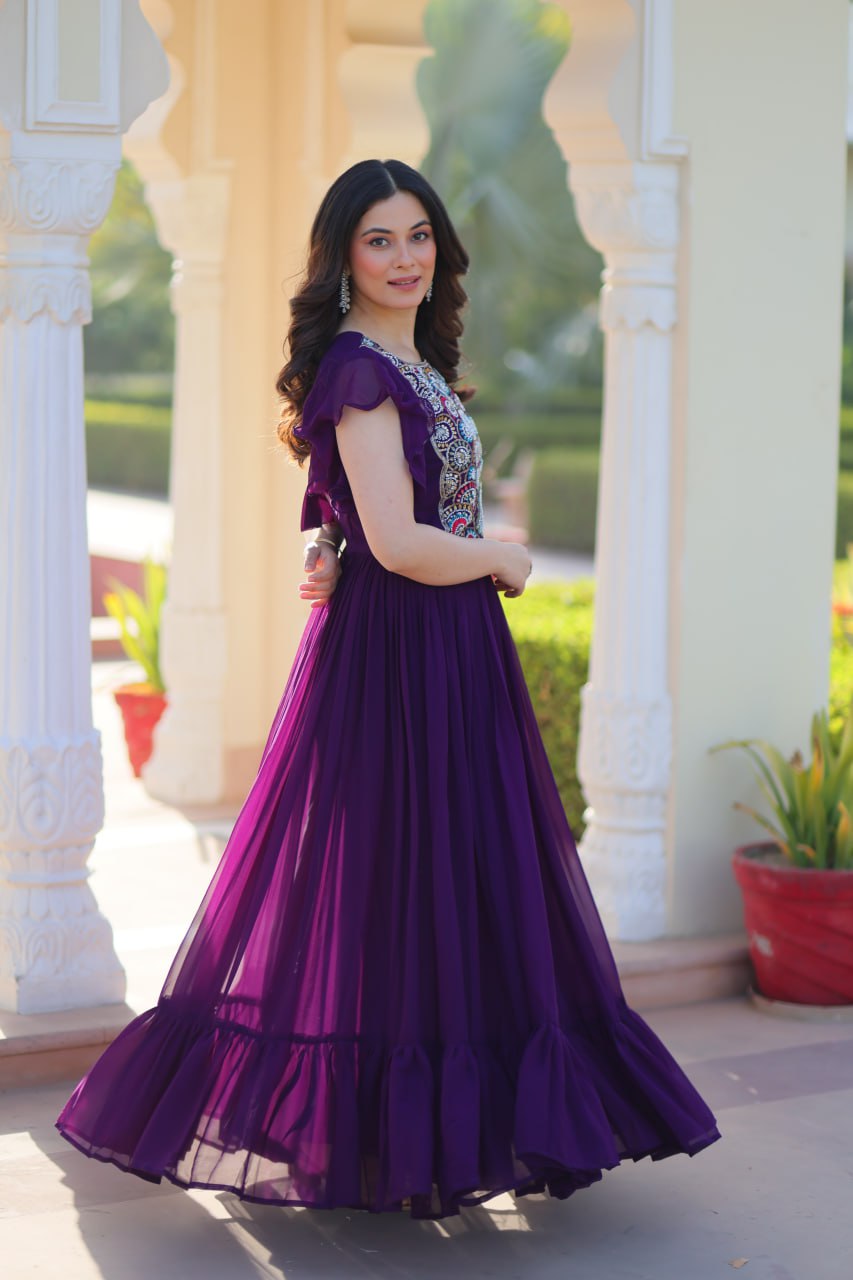 Purple Faux Blooming Designer Gown – Beads & Sequins Embroidery Work With 7 Mtr Flair Ready to Wear
