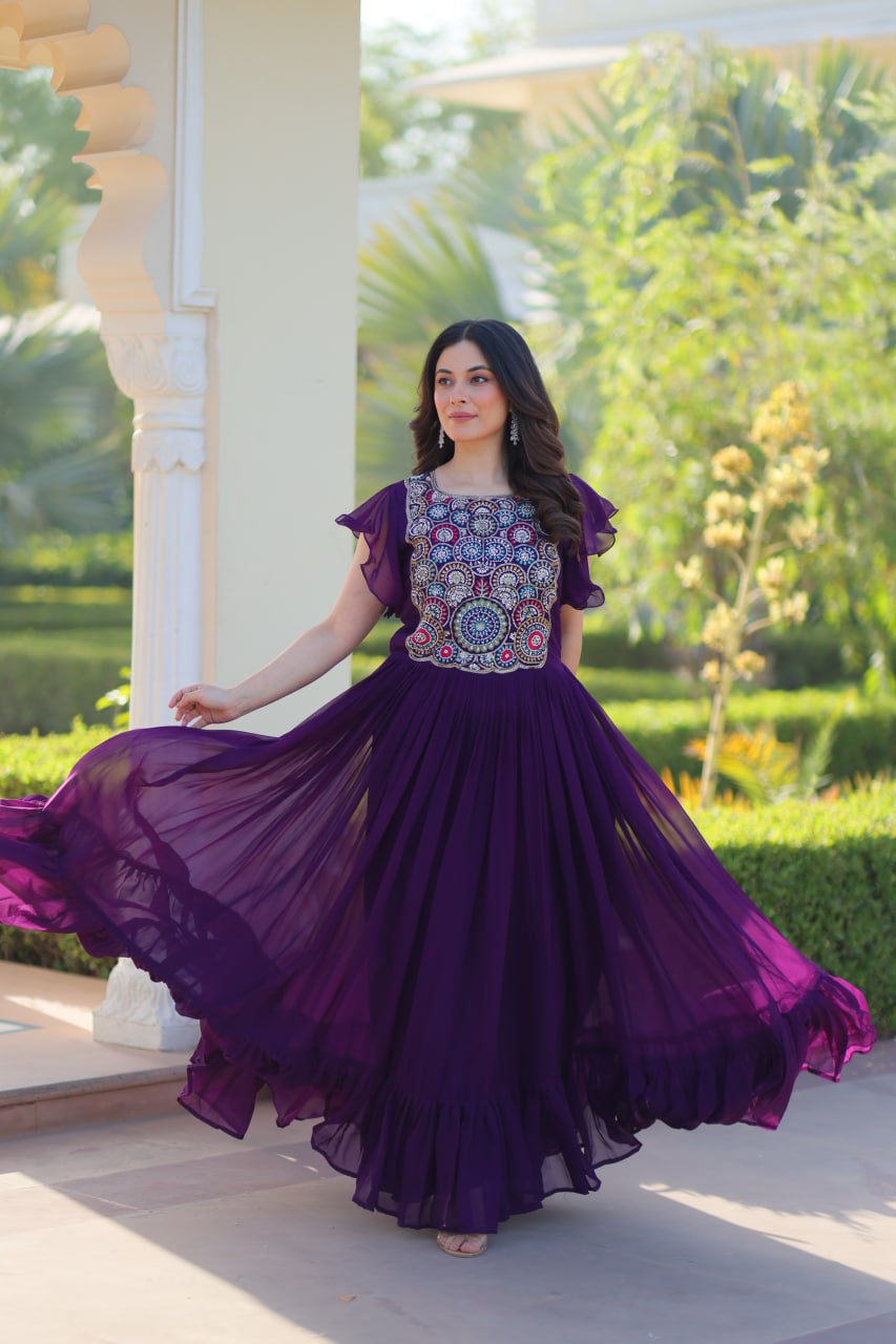 Purple Faux Blooming Designer Gown – Beads & Sequins Embroidery Work With 7 Mtr Flair Ready to Wear