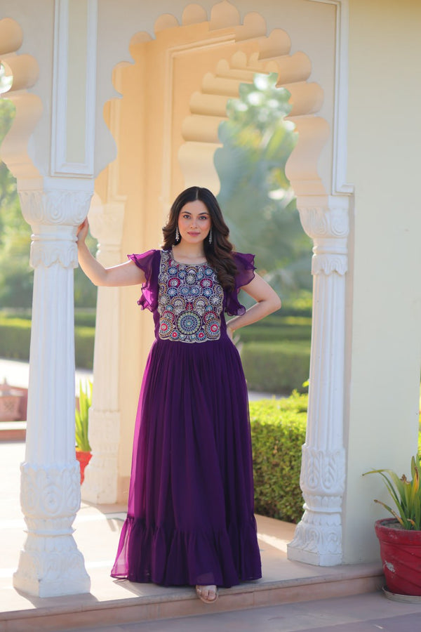 Purple Faux Blooming Designer Gown – Beads & Sequins Embroidery Work With 7 Mtr Flair Ready to Wear