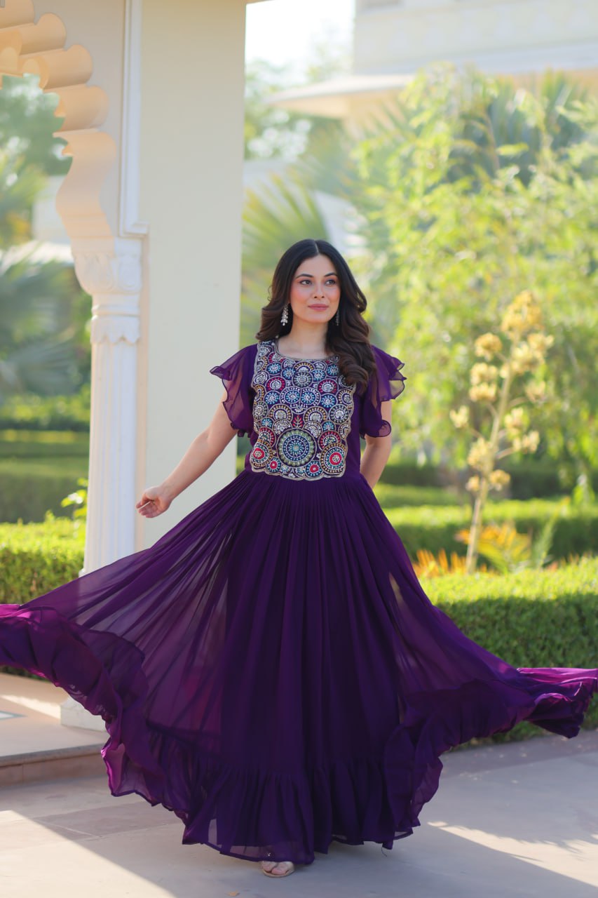 Purple Faux Blooming Designer Gown – Beads & Sequins Embroidery Work With 7 Mtr Flair Ready to Wear