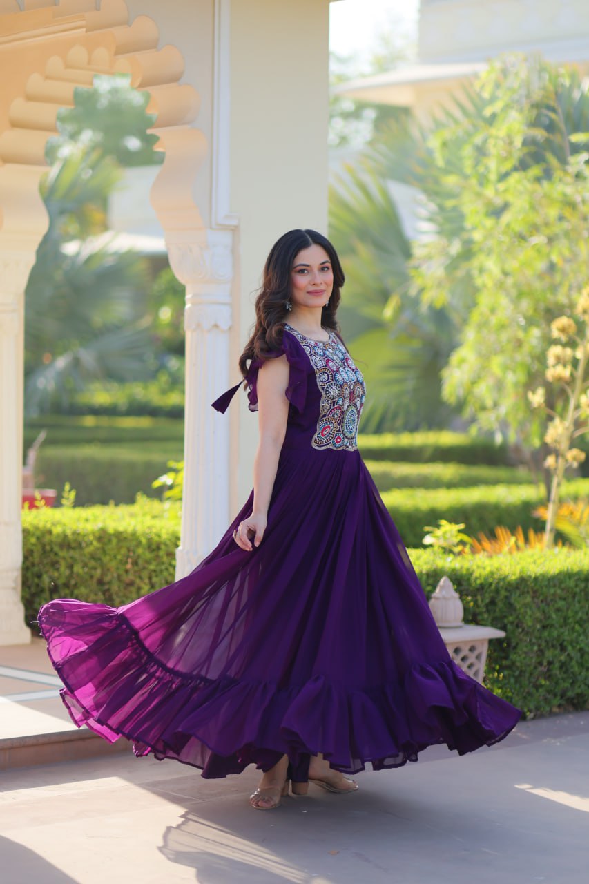Purple Faux Blooming Designer Gown – Beads & Sequins Embroidery Work With 7 Mtr Flair Ready to Wear