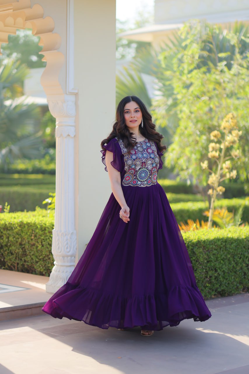 Purple Faux Blooming Designer Gown – Beads & Sequins Embroidery Work With 7 Mtr Flair Ready to Wear