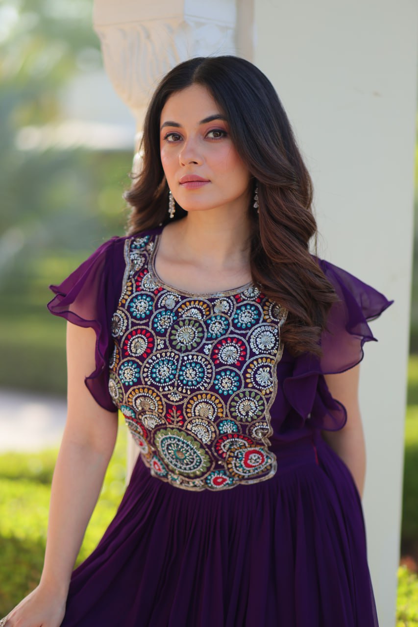 Purple Faux Blooming Designer Gown – Beads & Sequins Embroidery Work With 7 Mtr Flair Ready to Wear
