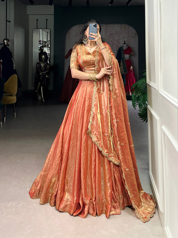 Designer Pastel Orange Color Embroidered Sequences Work Lehenga Choli