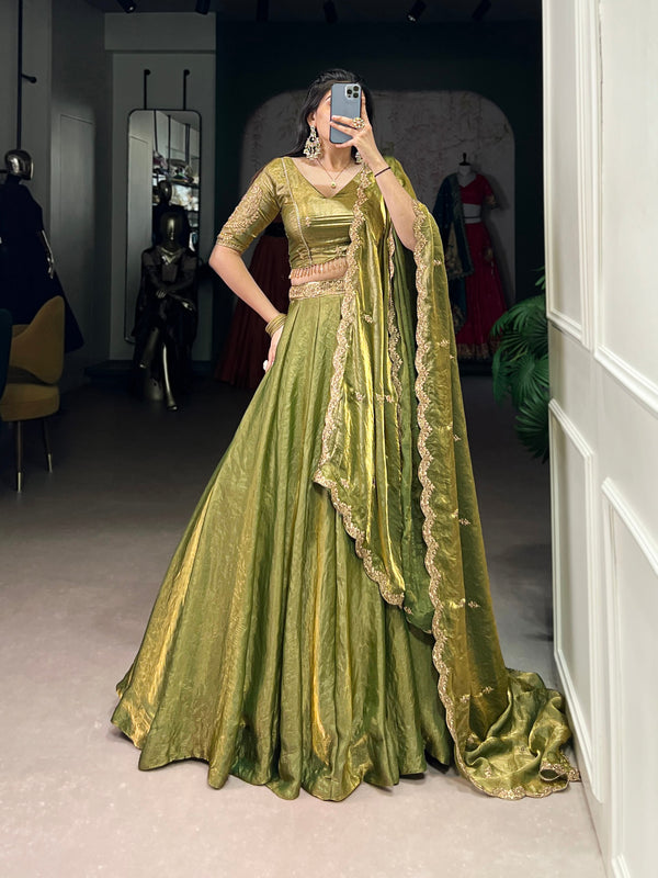 Designer Pastel Mehndi Color Embroidered Sequences Work Lehenga Choli