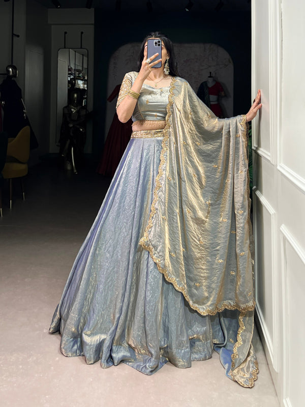 Designer Pastel Grey Color Embroidered Sequences Work Lehenga Choli