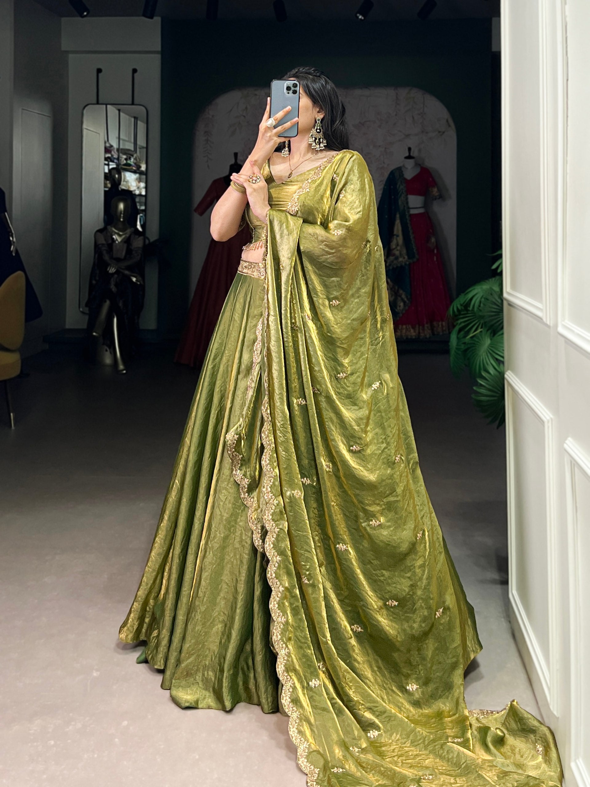 Designer Pastel Mehndi Color Embroidered Sequences Work Lehenga Choli