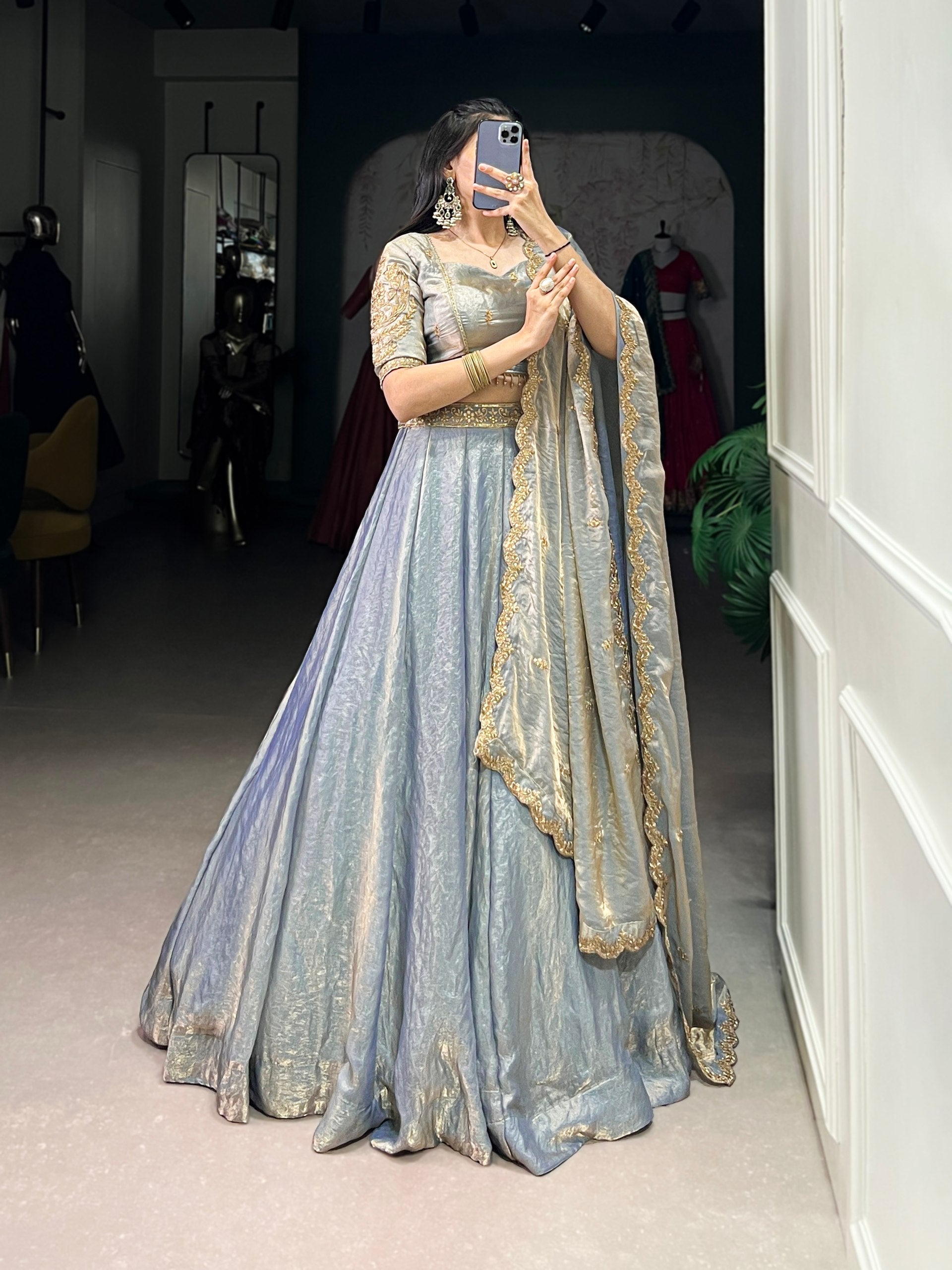 Designer Pastel Grey Color Embroidered Sequences Work Lehenga Choli