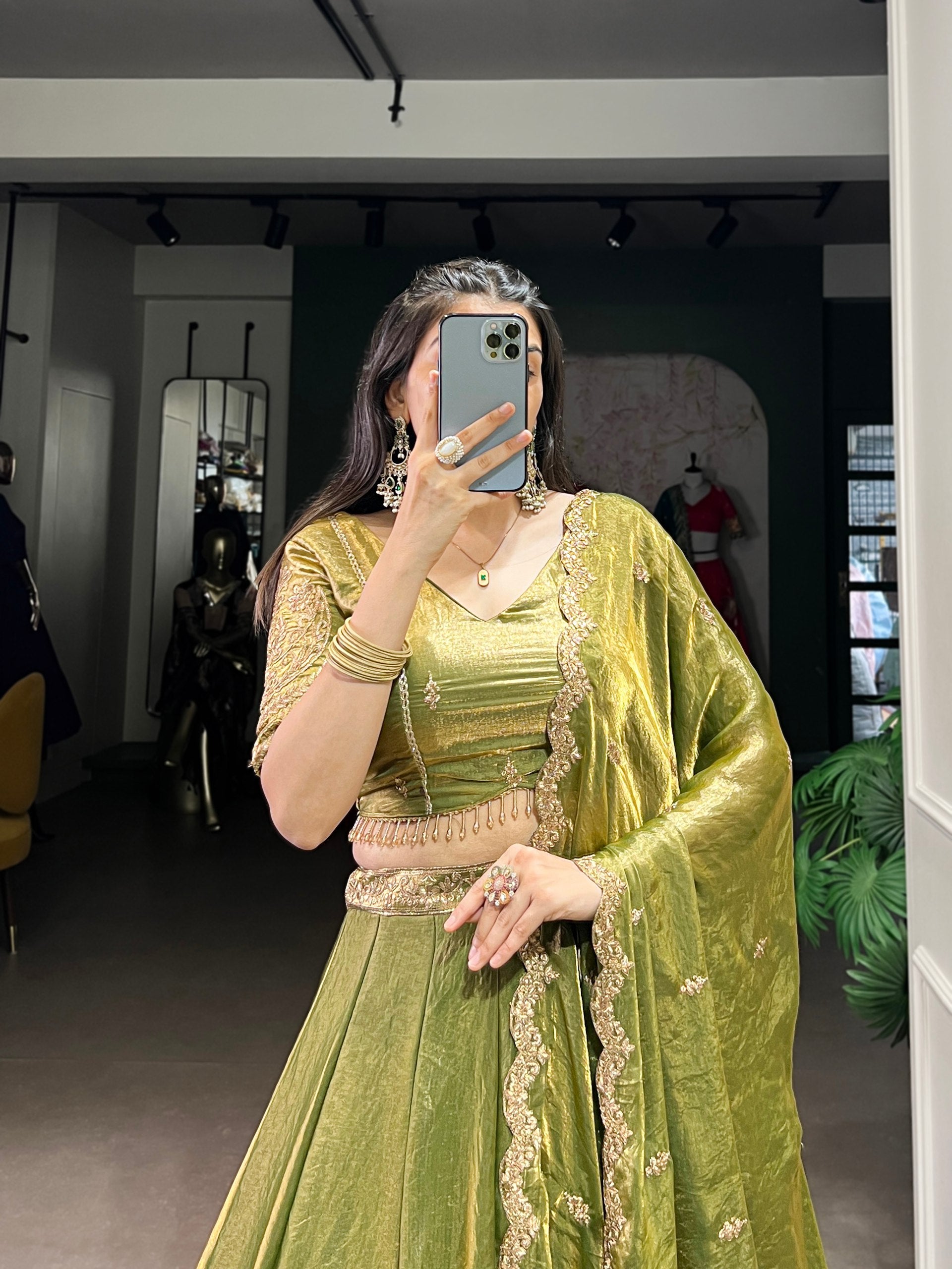 Designer Pastel Mehndi Color Embroidered Sequences Work Lehenga Choli