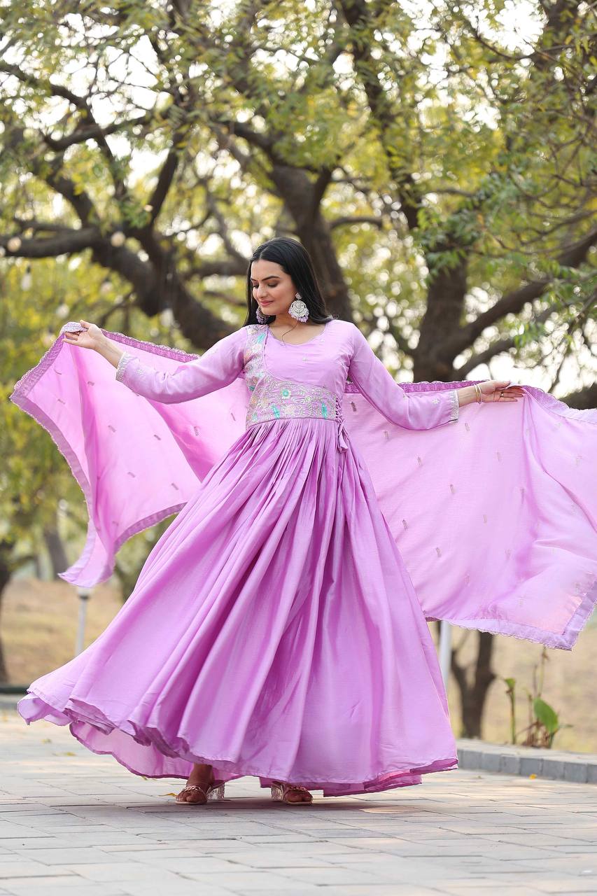 Mesmerizing Lavender Color Pure Chinon With Heavy Sequence And Thread Work Gown