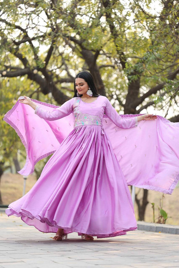 Mesmerizing Lavender Color Pure Chinon With Heavy Sequence And Thread Work Gown