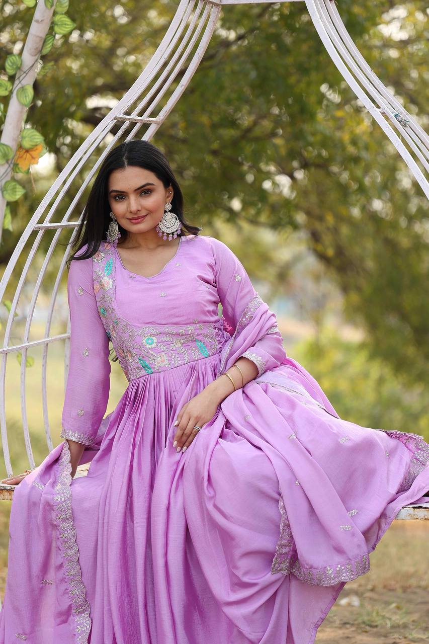 Mesmerizing Lavender Color Pure Chinon With Heavy Sequence And Thread Work Gown