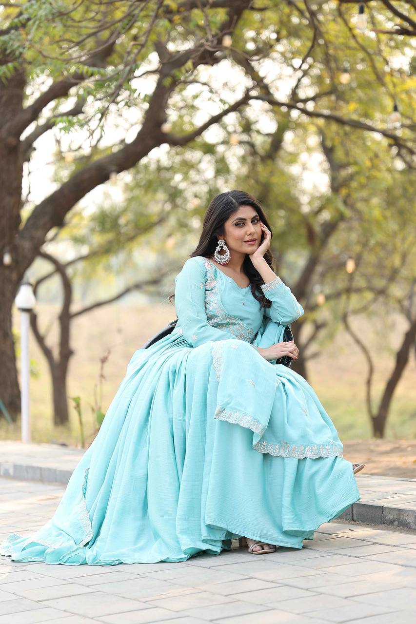 Mesmerizing Sky Color Pure Chinon With Heavy Sequence And Thread Work Gown