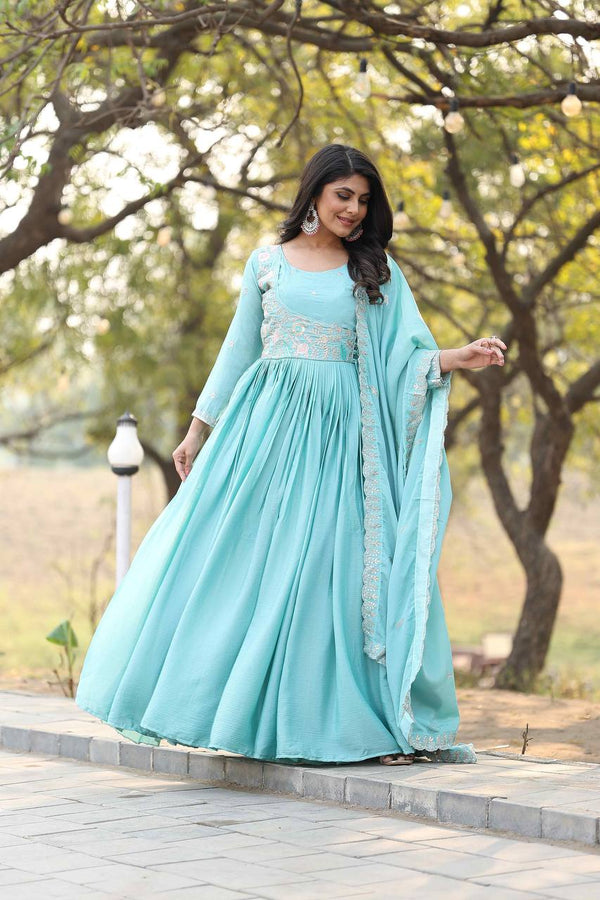 Mesmerizing Sky Color Pure Chinon With Heavy Sequence And Thread Work Gown