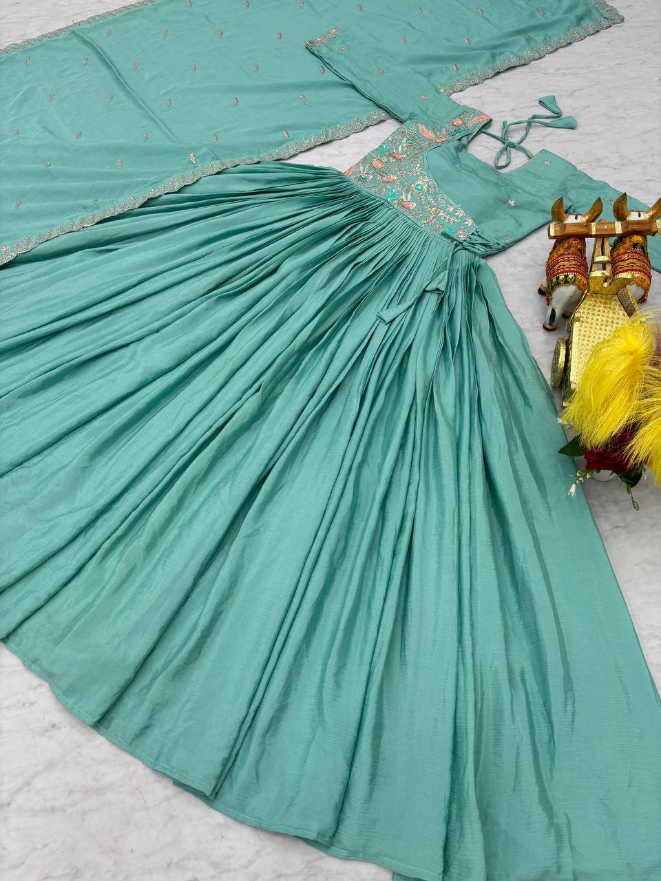 Mesmerizing Sky Color Pure Chinon With Heavy Sequence And Thread Work Gown