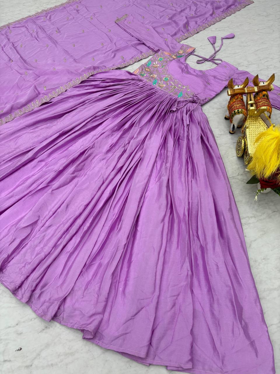 Mesmerizing Lavender Color Pure Chinon With Heavy Sequence And Thread Work Gown