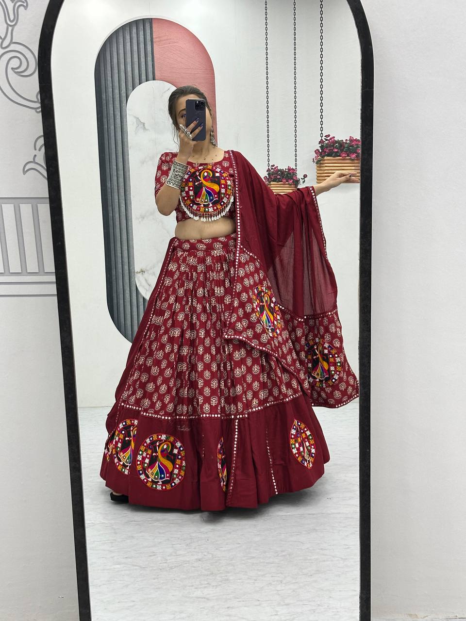 Garba Night Maroon Color Premium Pure Cotton  Gamathi Work Designer Traditional Lehenga Choli