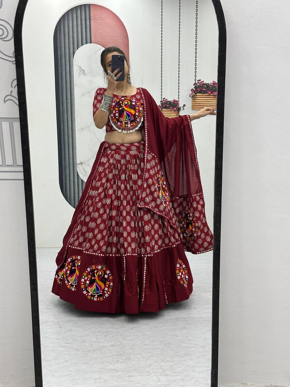 Garba Night Maroon Color Premium Pure Cotton  Gamathi Work Designer Traditional Lehenga Choli
