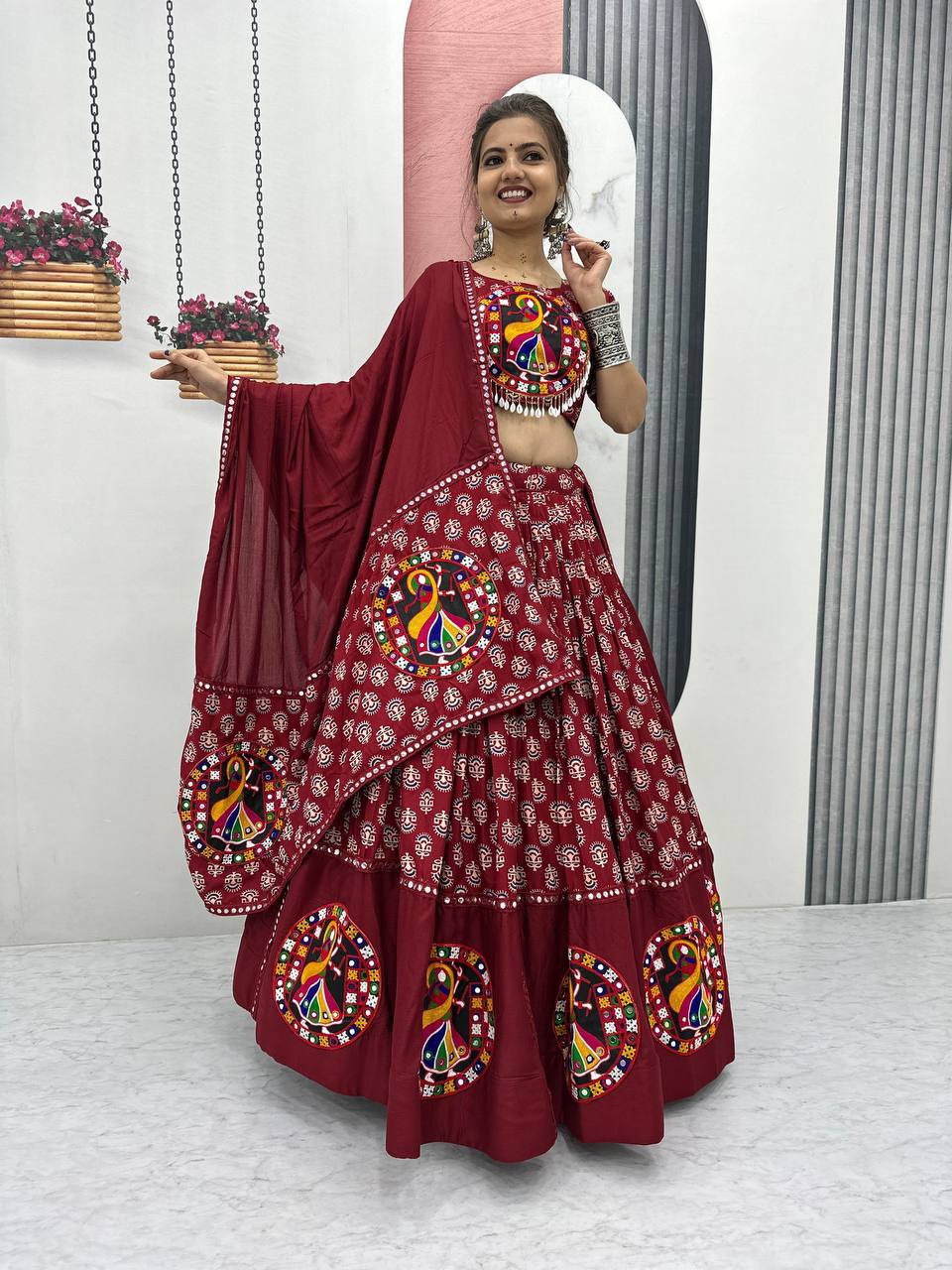 Garba Night Maroon Color Premium Pure Cotton  Gamathi Work Designer Traditional Lehenga Choli