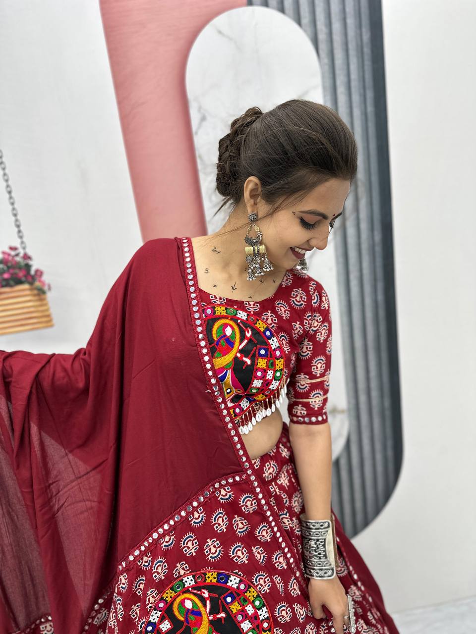 Garba Night Maroon Color Premium Pure Cotton  Gamathi Work Designer Traditional Lehenga Choli