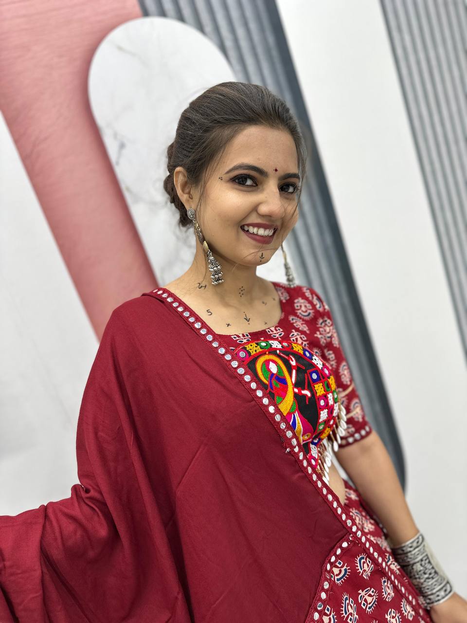 Garba Night Maroon Color Premium Pure Cotton  Gamathi Work Designer Traditional Lehenga Choli