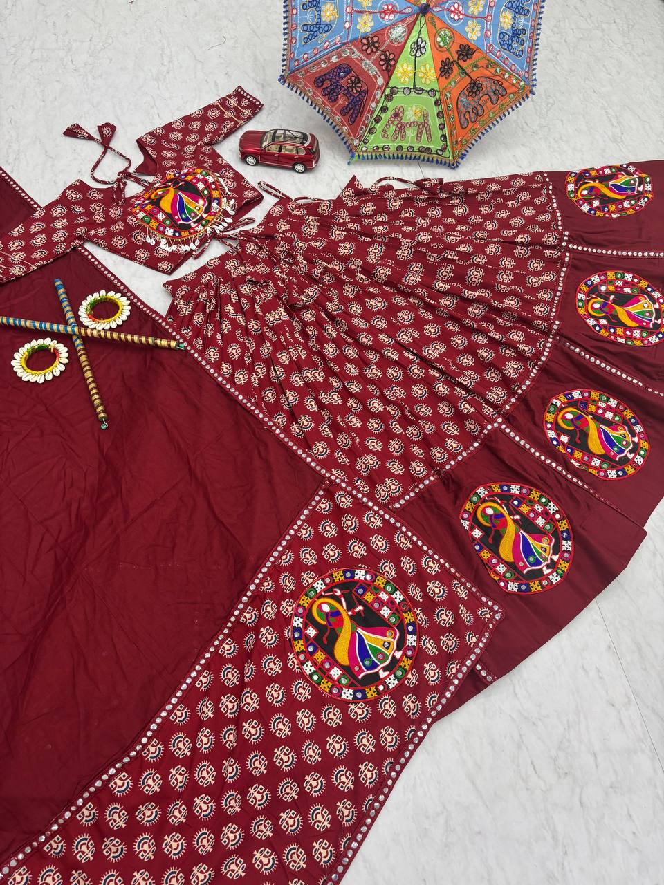 Garba Night Maroon Color Premium Pure Cotton  Gamathi Work Designer Traditional Lehenga Choli