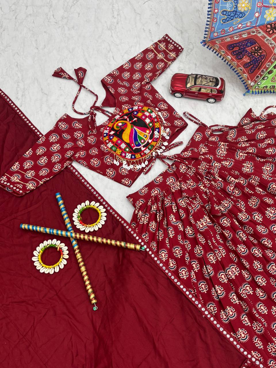 Garba Night Maroon Color Premium Pure Cotton  Gamathi Work Designer Traditional Lehenga Choli
