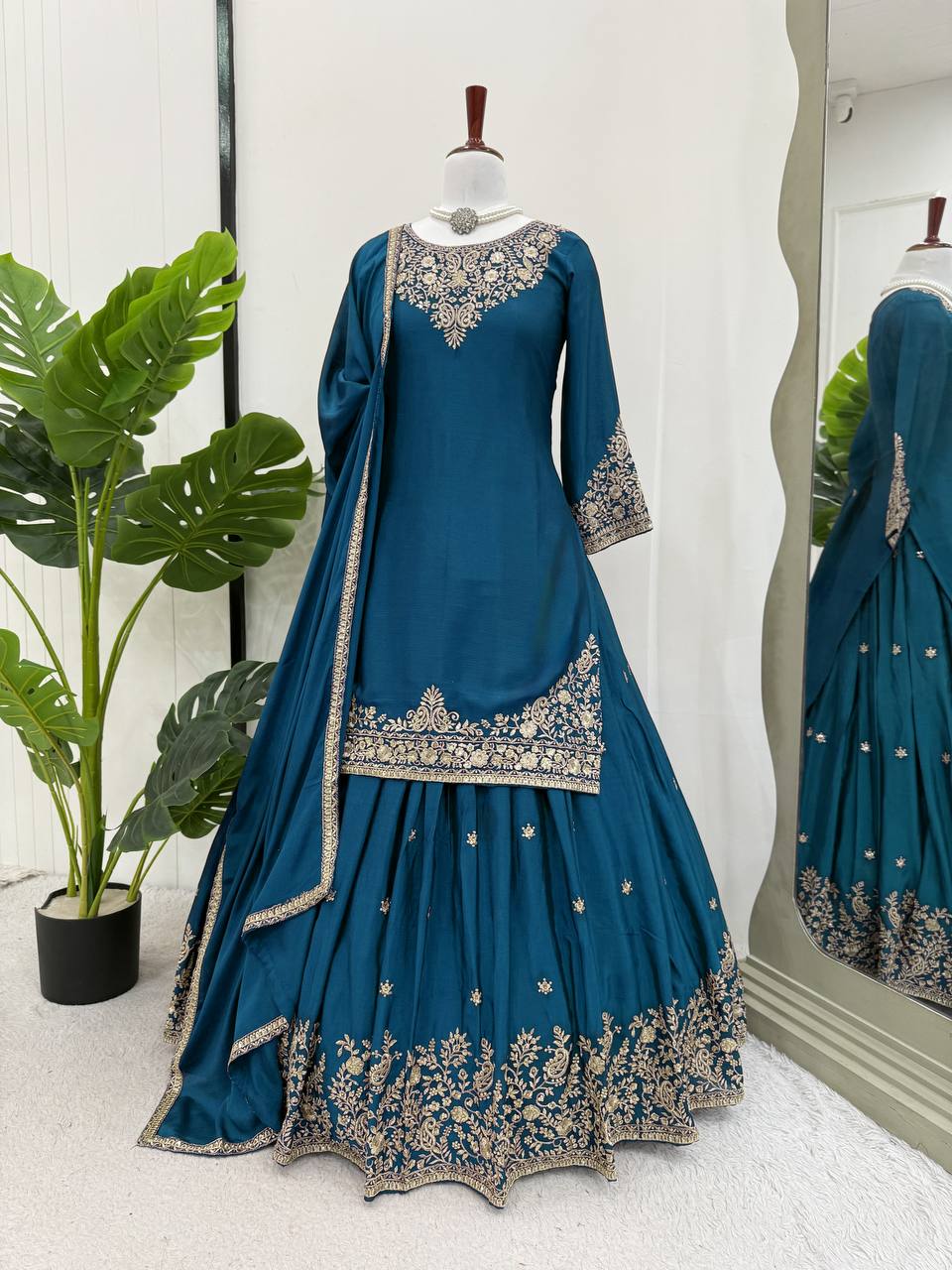 Reception Wear Teal Color Soft Chinon Silk Beautiful Thread Embroidery With Sequin Work Lehenga Suit