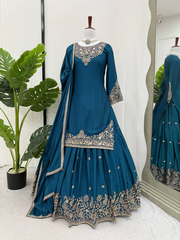 Reception Wear Teal Color Soft Chinon Silk Beautiful Thread Embroidery With Sequin Work Lehenga Suit