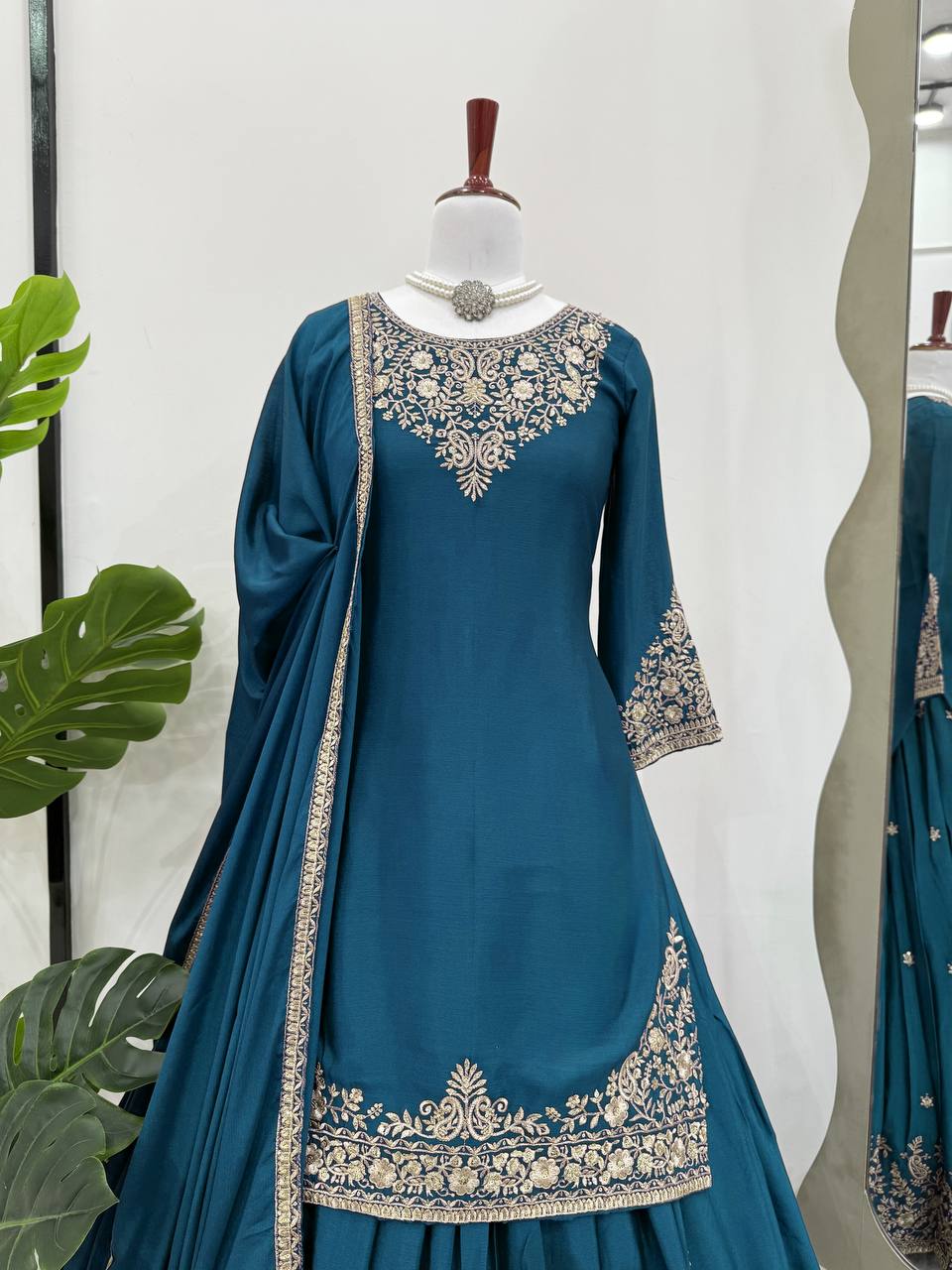 Reception Wear Teal Color Soft Chinon Silk Beautiful Thread Embroidery With Sequin Work Lehenga Suit