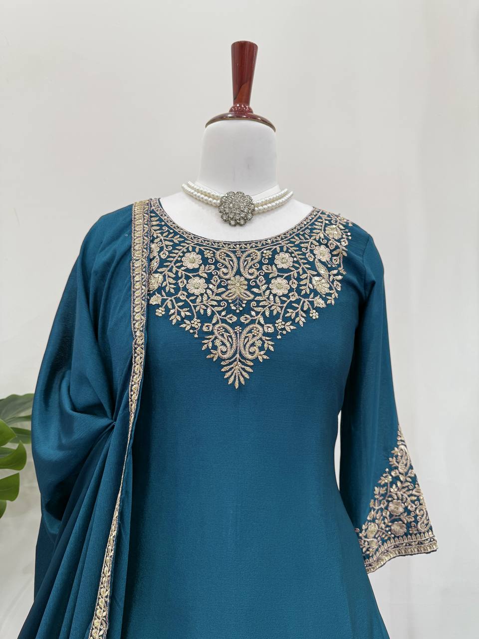 Reception Wear Teal Color Soft Chinon Silk Beautiful Thread Embroidery With Sequin Work Lehenga Suit