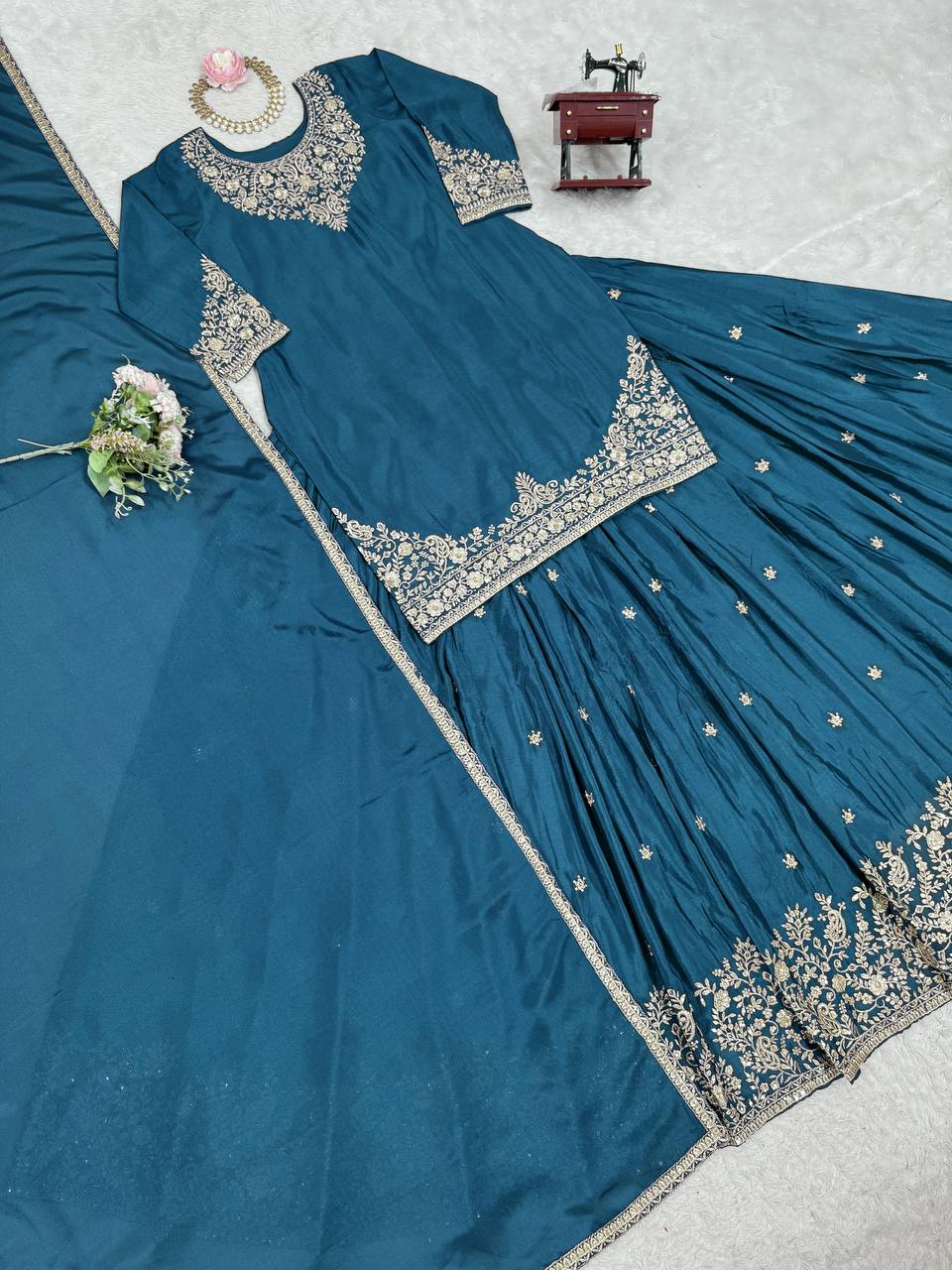Reception Wear Teal Color Soft Chinon Silk Beautiful Thread Embroidery With Sequin Work Lehenga Suit