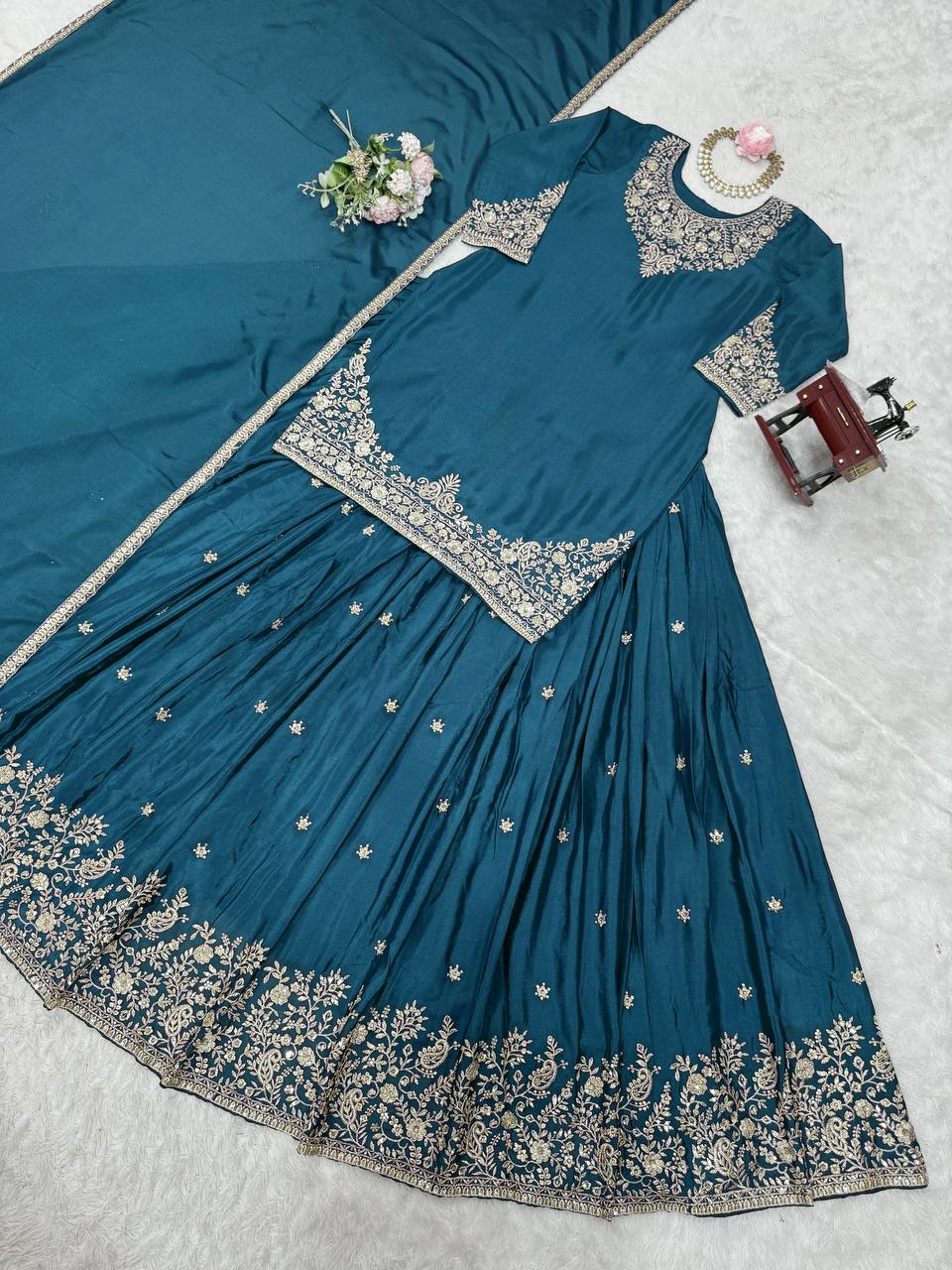 Reception Wear Teal Color Soft Chinon Silk Beautiful Thread Embroidery With Sequin Work Lehenga Suit