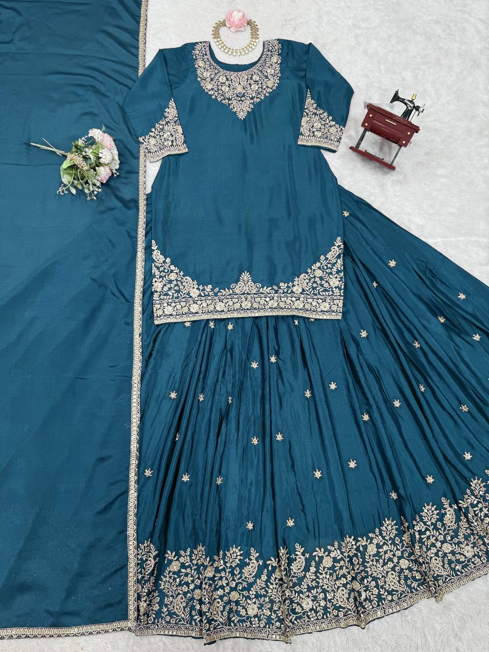 Reception Wear Teal Color Soft Chinon Silk Beautiful Thread Embroidery With Sequin Work Lehenga Suit