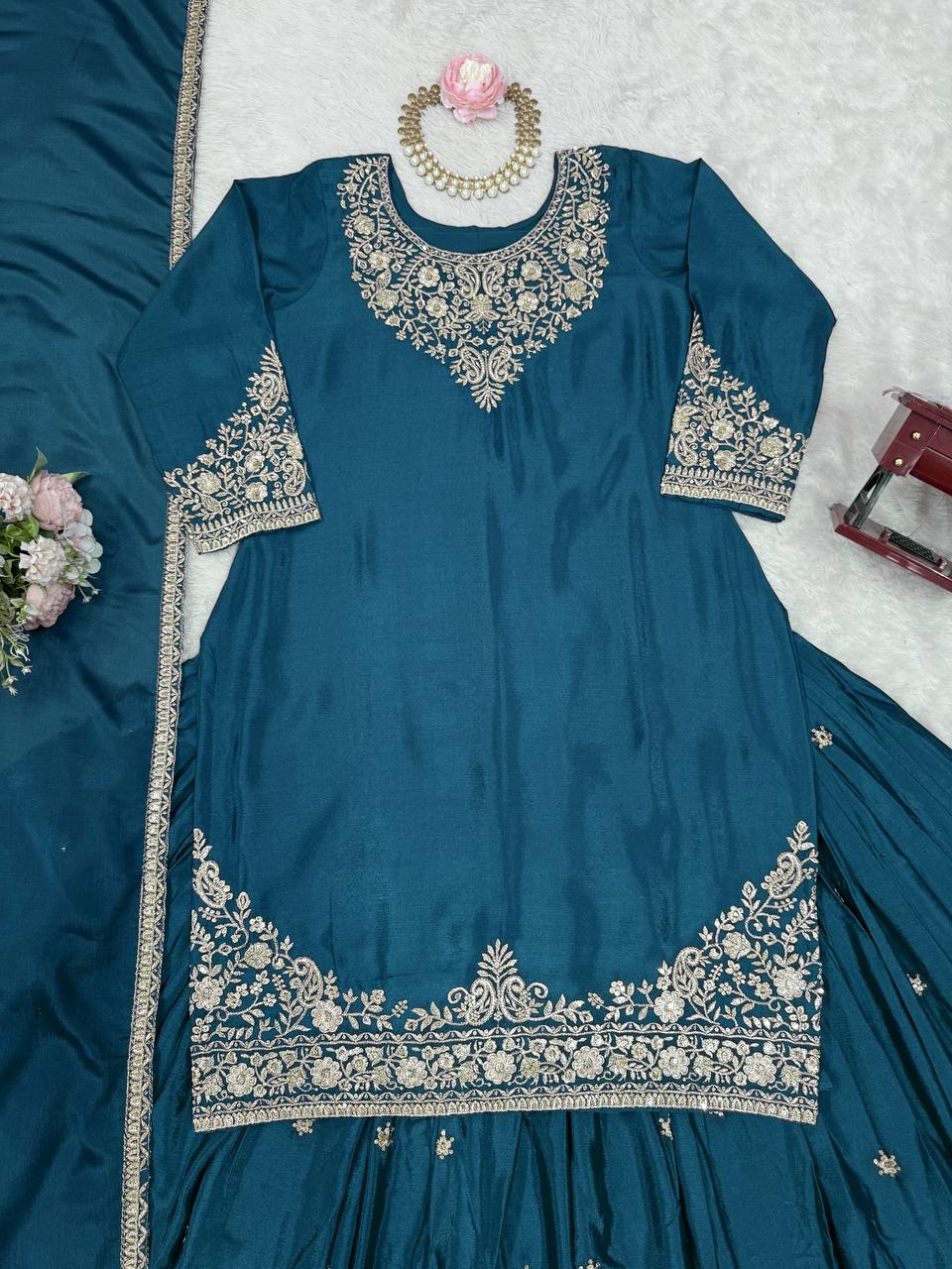 Reception Wear Teal Color Soft Chinon Silk Beautiful Thread Embroidery With Sequin Work Lehenga Suit