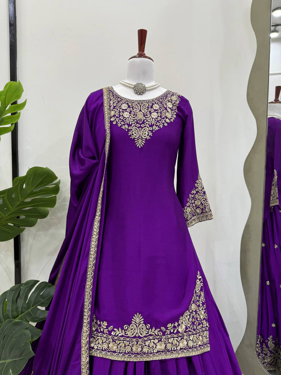 Function Wear Purple Color Soft Chinon Silk Beautiful Thread Embroidery With Sequin Work Lehenga Suit